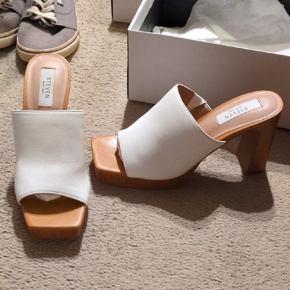 Steven By Steve Madden White and Tan Mules with Wooden Platform